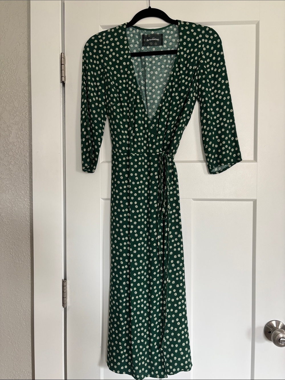 Reformation Carrie Green Floral Wrap Midi Dress with Tie Waist
